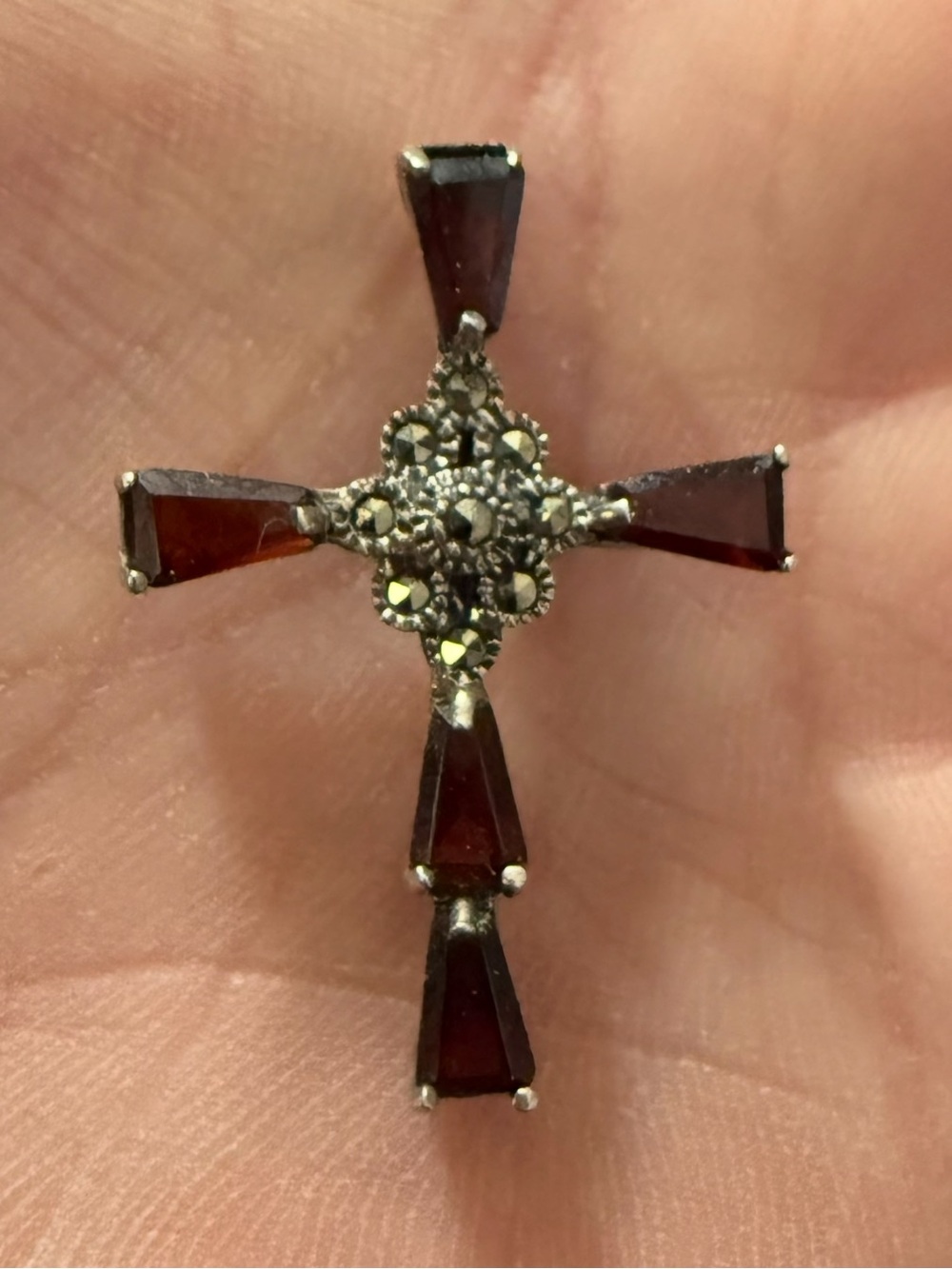 Vintage Sterling Silver Garnet Cross Pendant with Marcasite Center